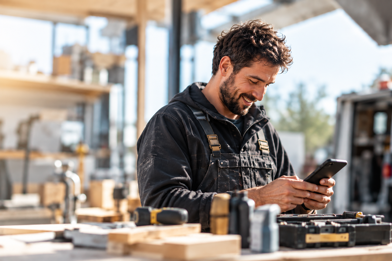 Un artisan consulte son téléphone dans son atelier pendant qu’IAtoutLa gère son administratif